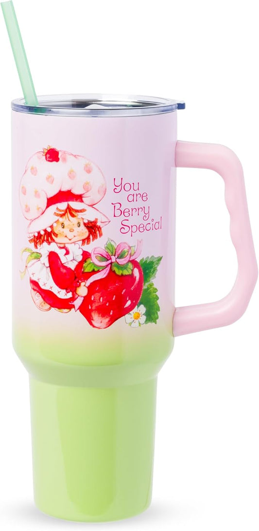 Silver Buffalo Strawberry Shortcake You Are Berry Special Vintage Pink and Green Ombre Double Walled Stainless Steel Tumbler with Handle and Straw, Fits in Standard Cup Holder, 40 Ounces