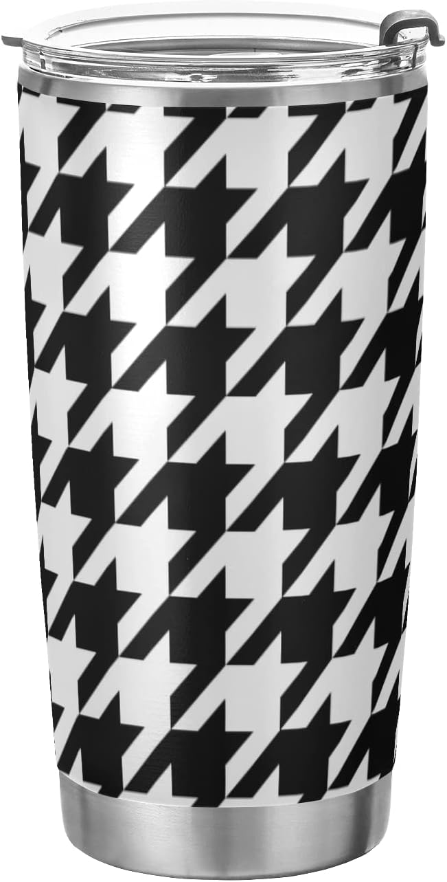 Tumbler Houndstooth Black White Insulated Coffee Cup Beverage Container Travel Mug with Straw and Lid Double Wall Stainless Steel 20oz BPA-Free for Sport, Back to School