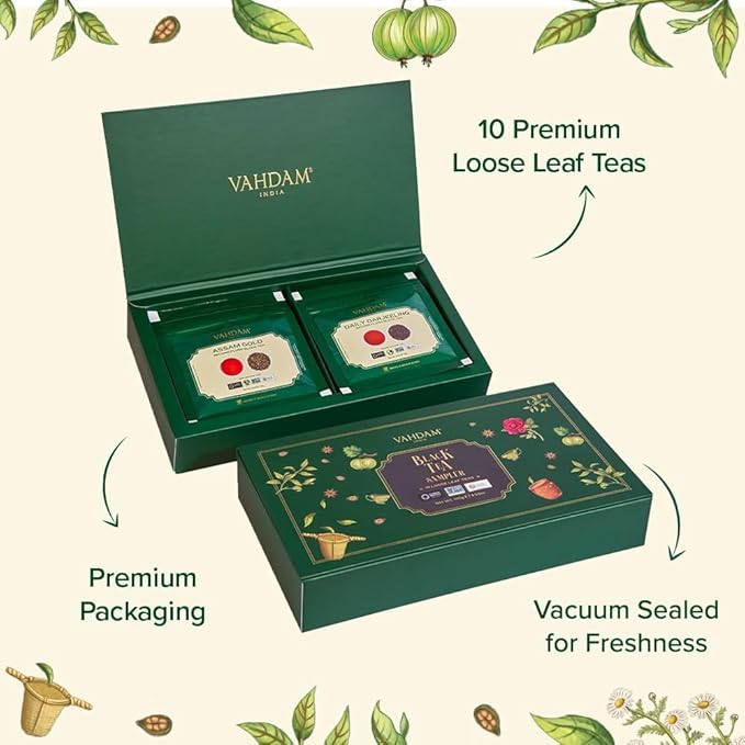 VAHDAM, Assorted Black Tea Loose Leaf Tea Gift Set (10 Flavors) Gift Ideas for Women & Men | Directly Sourced From Assam and Darjeeling | Resealable Ziplock Pouch