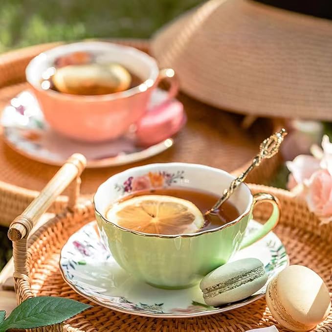 Porcelain Tea Cup with Saucers and Spoon, 2 Sets of 8 Oz Floral Coffee Mug with Gold Trim Holder, Royal Ceramic Teacup Set, Espresso Latte Mugs for Wedding Birthday Table Supplies (Pink + Apple Green)