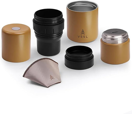 VSSL - Nest Pour Over Coffee Kit | Coffee Maker for Camping | All-In-One Travel Pour Over | Transportable Dripper, Two 10oz Stainless Steel Travel Mugs | Compact Storage & Adventure Ready | Sahara