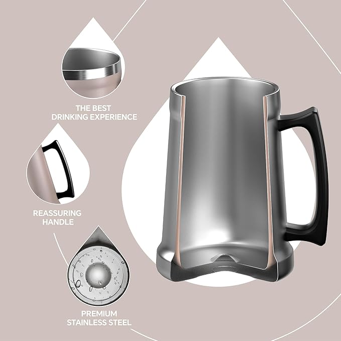 Ideus Insulated Beer Stein, 24/32oz Stainless Steel Double Walled Beer Mug Giant Bar Drinkware Metal Beer Cup with Big Grip Handle (Dusty Pink, 24 ounces (710ml))