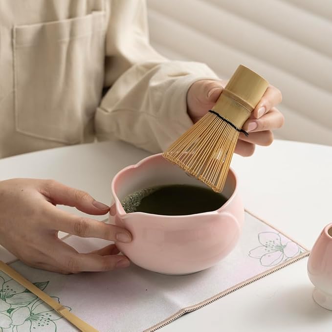 Japanese Matcha Tea Set, Pink Peach Ceramic Matcha Bowl with Soft Glaze, Bamboo Whisk & Scoop, Complete Tea Ceremony Kit with Gift Box