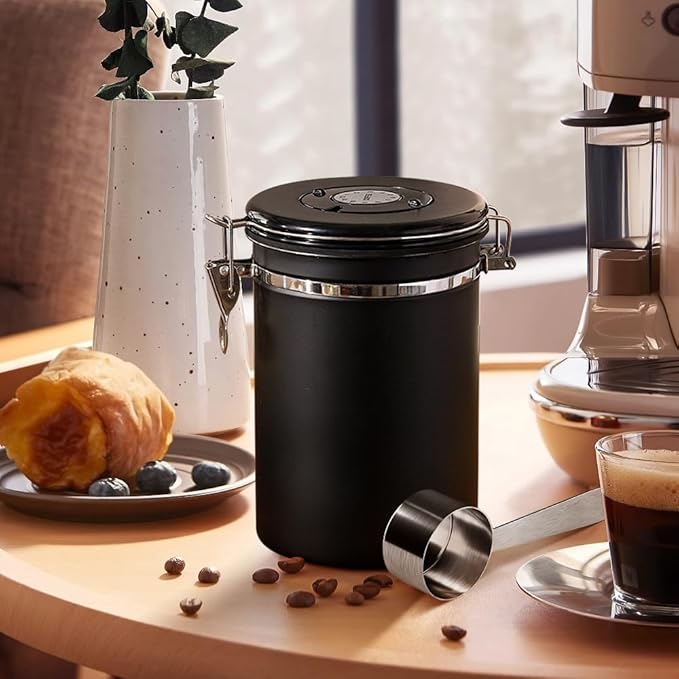 Airtight Stainless Steel Coffee Canister,1.8L Coffee Bean Storage Container with Date Tracker and Scoop for Coffee Beans, Grounds, Tea, Flour, Cereal, Sugar, Large (Black)