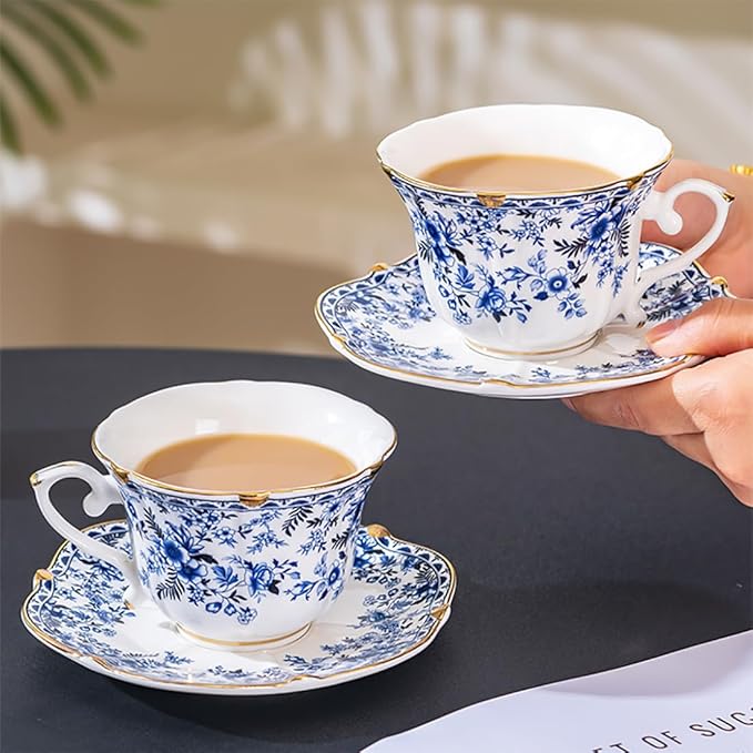 Noviko 6 oz Ceramic Tea Cups and Saucers Set Vintage Floral Teacup for Women