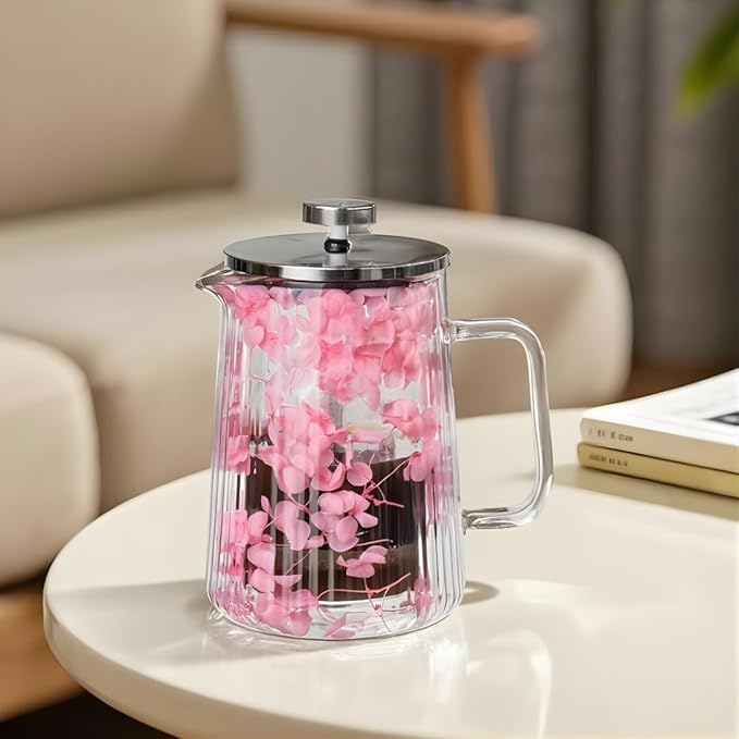 Glass French Press Coffee Maker 22oz (Pink Floral) – Double-Wall Borosilicate Ribbed Coffee Press with Stainless Steel Filter, Manual Coffee Brewer & Tea Press