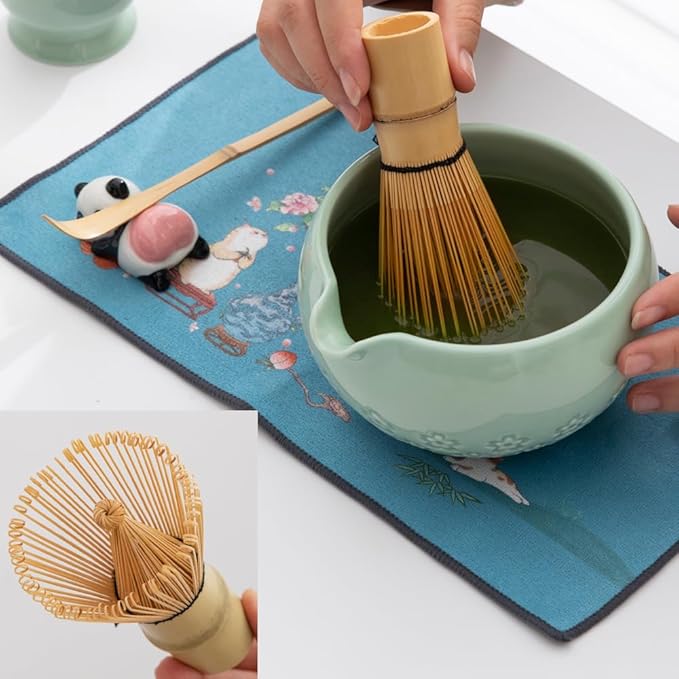 Matcha whisk set, matcha set, including bowl with spout, bamboo whisk, spoon, ceramic stand, stainless steel sieve, towel, perfect matcha starter set (green)