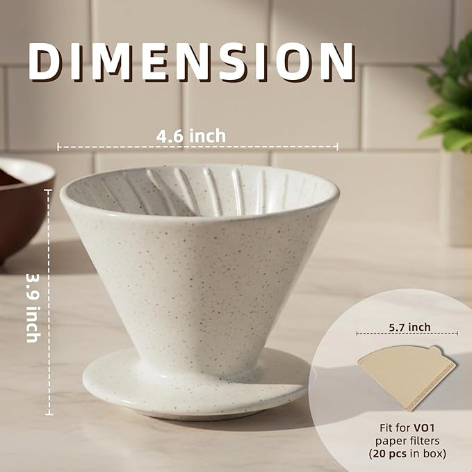 Ceramic Pour Over Coffee Dripper, Reusable Porcelain Portable Pour Over Coffee Maker, Slow Brewing Accessories with 1 Holes for Home, Office, Travel, Camping (Cream)
