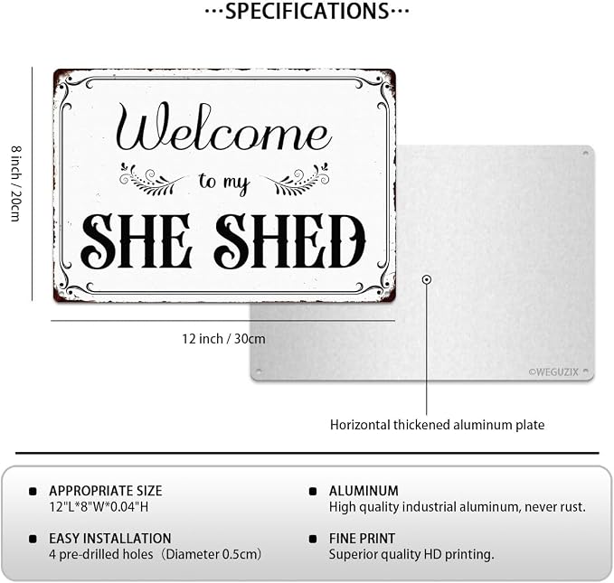 Welcome to my She Shed Sign Retro White Art Print Poster Wall Decor Vintage Garden Metal Signs Outdoor Home Bar Kitchen Cafe Farmhouse 12x8 Inch Aluminium Hanging Plaque - Image 2
