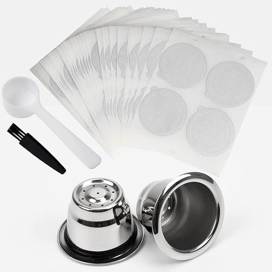 Reusable Espresso Capsules Refillable Coffee Pods Stainless Steel Cups Filters Compatible for Nespresso Original Line Machines with Aluminum Foil Seals Stickers Lids (2 Cups+100 Lids)