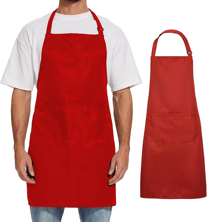 Will Well Kitchen 2 Pack Bib Apron For Men & Women with 2 Pockets - Red | Unisex 33'' x 27'' Oil & Water Resistant Soft Kitchen Chef Apron with Adjustable Neck Strap & 38'' Waist Ties for Snug Fit by WillWell