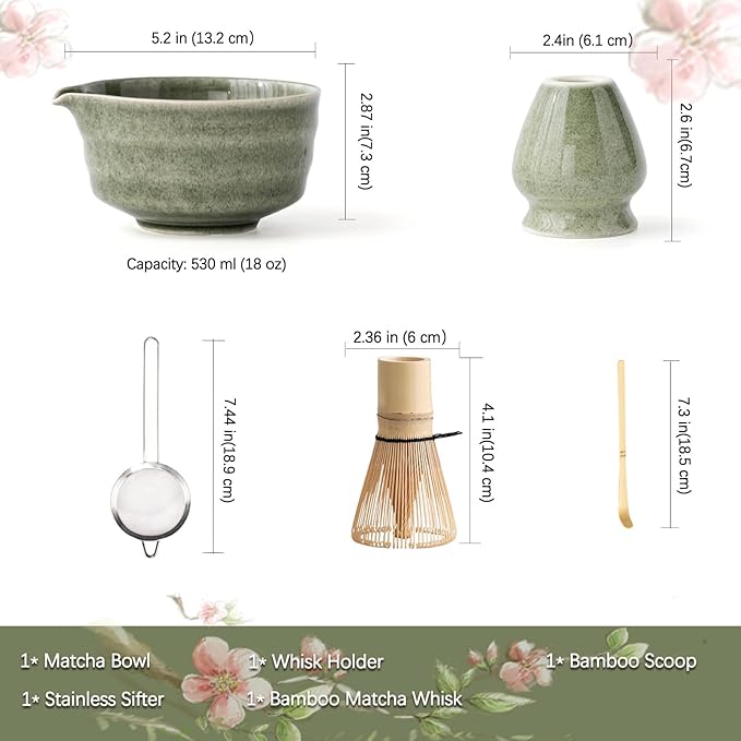 Matcha Set, Matcha Bowl with Spout, Matcha Whisk and Holder, Bamboo matcha Scoop and Stainless Sifter - 5 Pcs Jade Green Matcha Set Kit for Matcha Lover