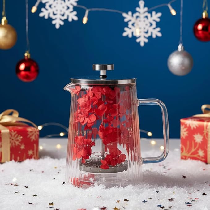Glass French Press Coffee Maker 22oz (Red Floral) – Double-Wall Borosilicate Ribbed Coffee Press with Stainless Steel Filter, Manual Coffee Brewer & Tea Press