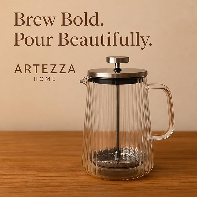 French Press Coffee Maker – 650ml / 22oz – Ribbed Glass Design – Borosilicate Glass with Stainless Steel Filter –Serves Small 4–5 cups