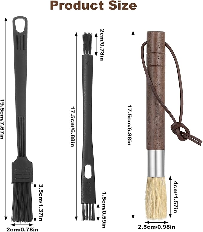 3Pcs Coffee Grinder Cleaning Brush Set, Espresso Machine Brush Cleaner Tools with Walnut Wood Handles & Natural Bristle for Barista & Home Kitchen Use, Coffee Grinder Brushes for Coffees Bar Accessory