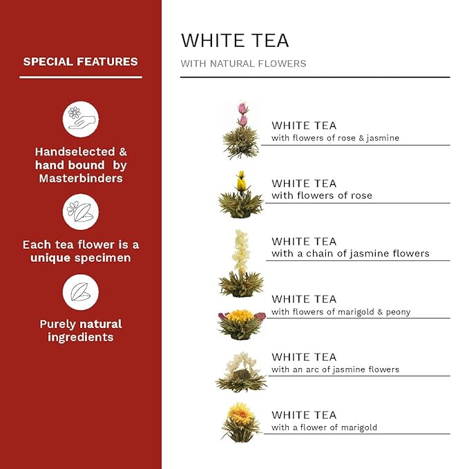 Creano Blooming Tea Sampler in a Classy Gift Box to Try - White Tea - Gift for Women, Mom, Tea Lovers - 6 Pieces (Pack of 1)
