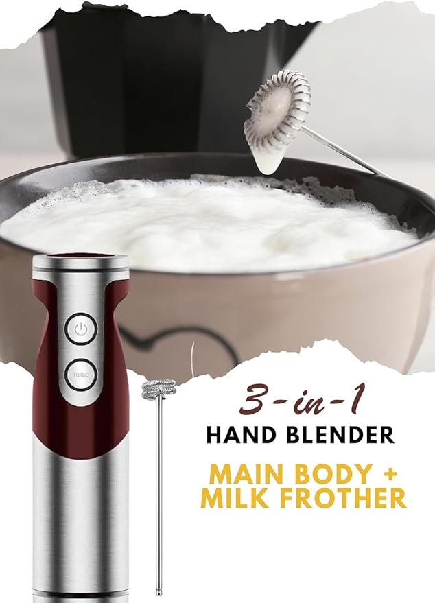 MegaWise 3-in-1 Hand Blender Set with Variable Speed Control, 400W Immersion Blender - Includes Whisk, Milk Frother, Chopper, and Beaker for Smoothies, Soups, and Baby Food (RED)
