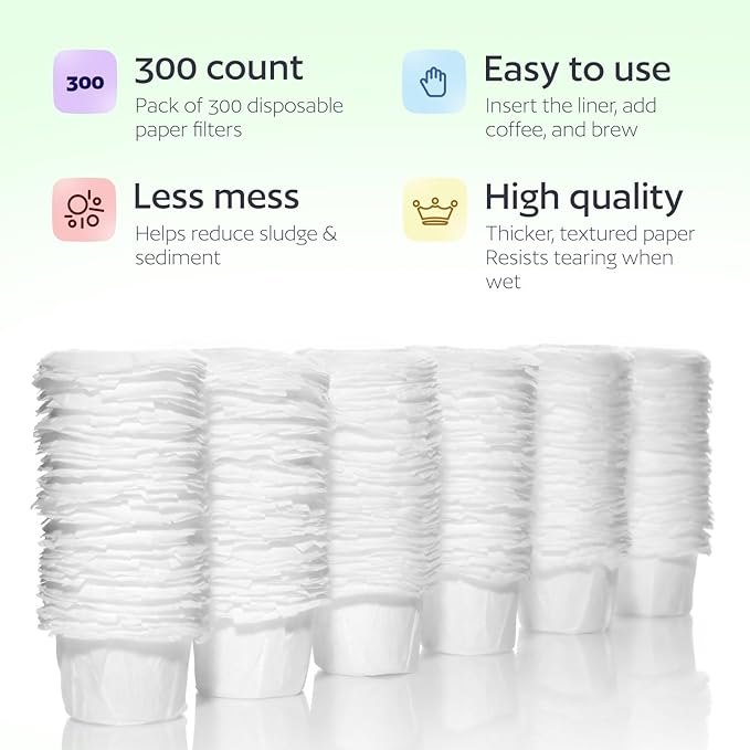 Disposable K Cup Filters, 300 Count Disposable Paper Filters for Keurig Reusable K Cups, White