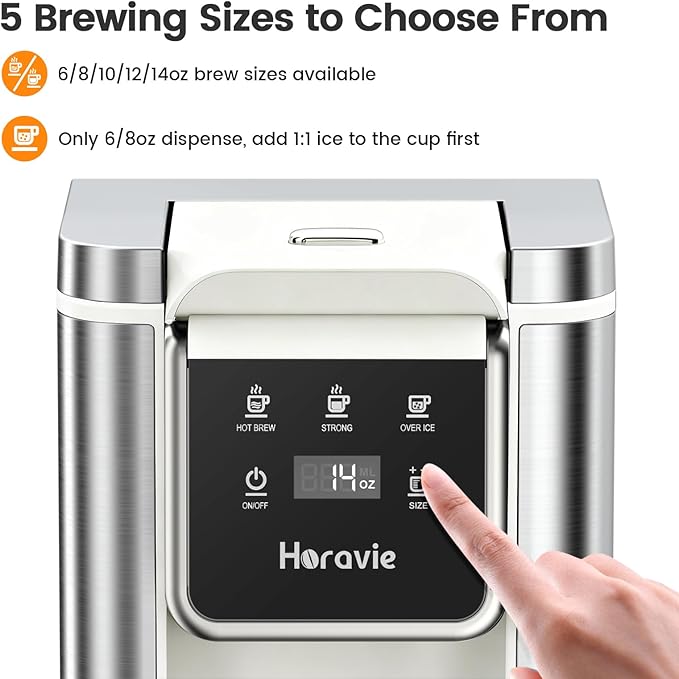 Single Serve Coffee Maker for K-Cup Pod & Grounds, Hot and Iced Coffee Maker, Strong Button Feature, 6 to 14oz Brew Sizes, 50oz Removable Reservoir, Fit 6.5" Mugs, Stainless Steel, White