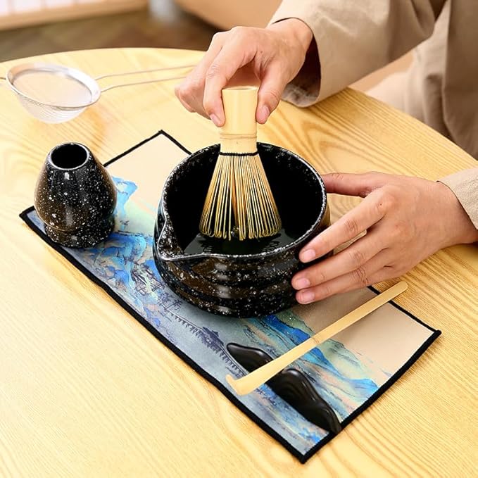 Matcha Set Matcha Whisk Matcha Bowl With Water Ladle Matcha Whisk Holder Tea Making Kit.Japanese Tea Set(7pcs)+1Spoon，Celadon Blue gift set… (Black spots)
