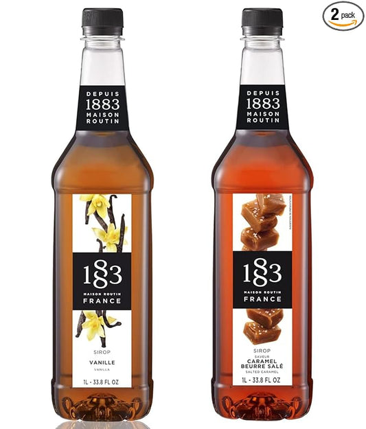 1883 Vanilla & Salted Caramel Syrups (Café Variety Pack) for Coffee & Drinks – 1 Liter Plastic Bottles (Pack of 2)
