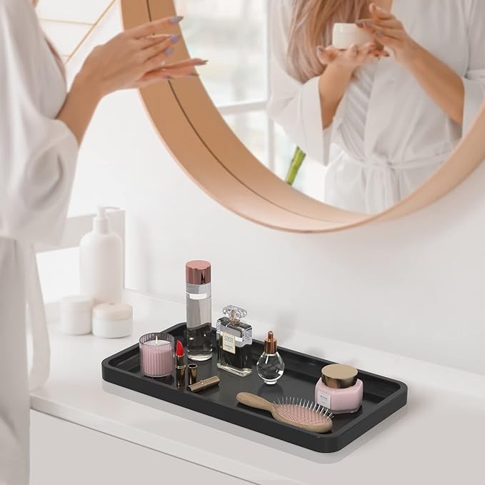 Bathroom Vanity Tray for Countertop - Bamboo Organizer Tray for Dresser Tops, Toilet, Perfume Small Decorative Wood Tray for Home Decoration 11.4” L x 6.1” W x 0.7” H (Black)