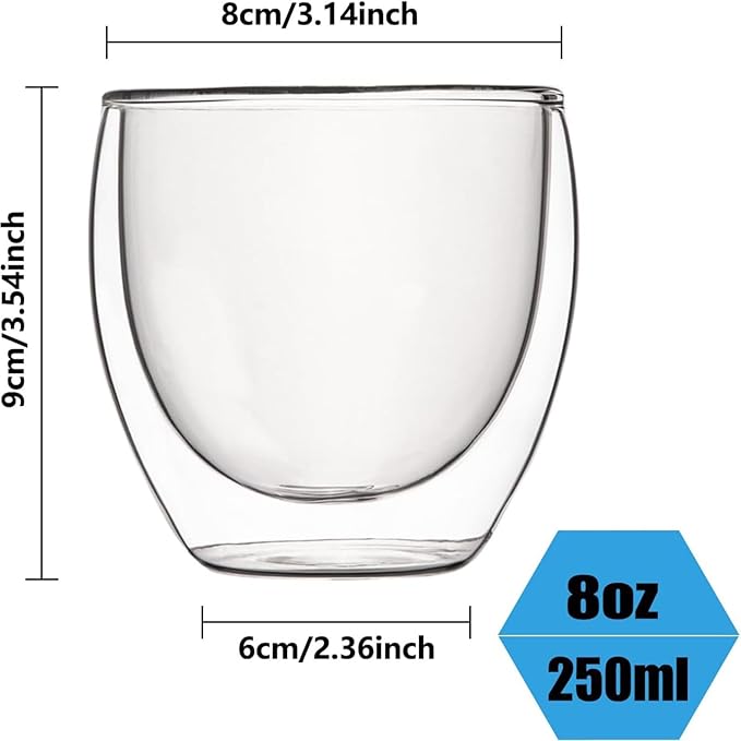 8oz Glass Coffee Mugs Set of 4, Double Walled Espresso Cups for Latte Cappuccino Cocoa Milk Cafe Juice, Clear Glass Tea Cup Set Glassware Gift for Christmas Birthday (8oz-4Pack)