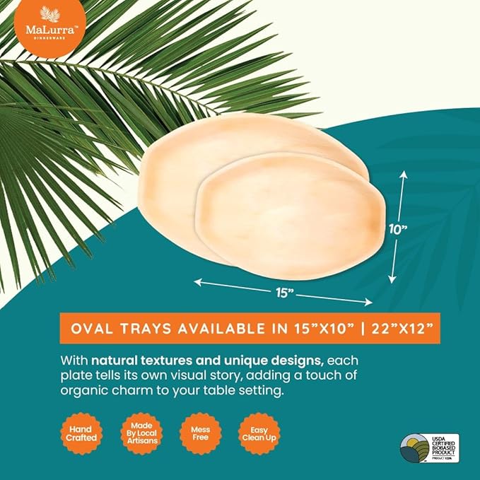 15"x10" Oval Tray - 50 PCs Disposable Serving Palm Platters Like Bamboo Charcuterie Tray | Biodegradable | Disposable | Eco-Friendly, Heavy Duty, Bulk | For Parties, Weddings, BBQs & Catering