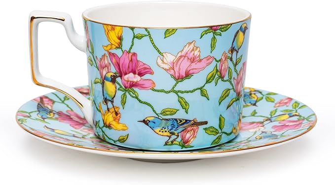 Vintage 8 Ounces Teacup and Saucers Set Floral Tea Cups Set Bone China TeaCups Coffee Tea Cup for Tea Party Women Mom (Blue)