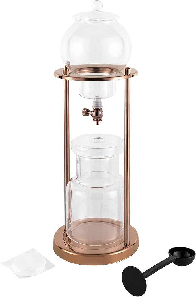 Ice Cold Brew Dripper Coffee Maker, 600Ml Ice Coffee Makers Cold Brew Machine Stainless Steel and Borosilicate Glass Copper Coffee Maker Extraction Approx 4h 2drops/S for 6-8 People (Gold)