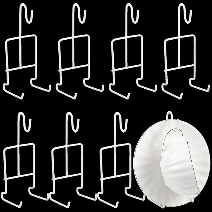 Vesici 8 Pcs Tea Cup and Saucer Display Stand Metal China Teacup Holder Rack Saucer Organizer Coffee Mug Hanger Stand Tray for Afternoon Tea Party Cabinet Counter Bar(6.22 x 2.44 Inch,White)