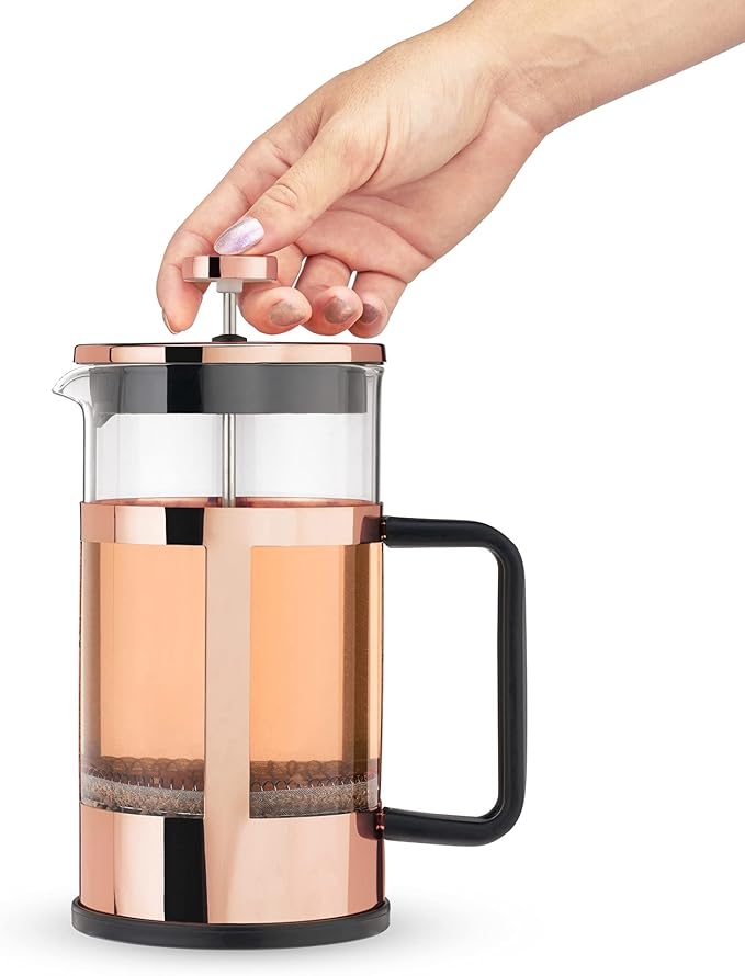 Pinky Up Piper Tea Press Pot, Coffee Maker, French Press for Loose Leaf Tea and Coffee, Hot or Iced Beverage Brewer, 34 oz, Rose Gold