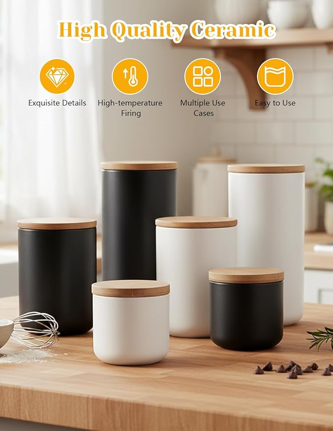 YYW Ceramic Food Storage Containers with Lids, Kitchen Canisters for Countertop, White Food Containers Jar for Flour, Coffee Bean, Sugar, Tea, Spices and More, Home Decor (260ml/8.79oz)