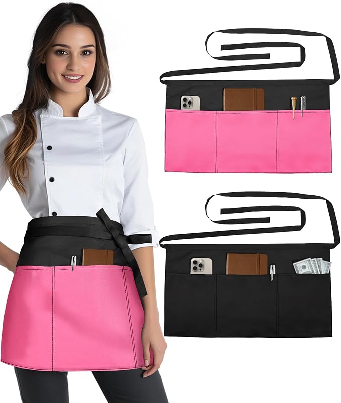 Slohif Reversible Server Apron 6 Pockets - Waist Apron for Waitress Women Half Serving Short Apron for Waiter by Slohif