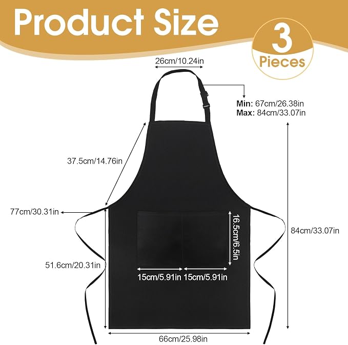 3 Pack Black Aprons for Women with Pockets, Adjustable Water Resistant Cooking Apron Unisex Bib for Chef Men and Women - Image 2