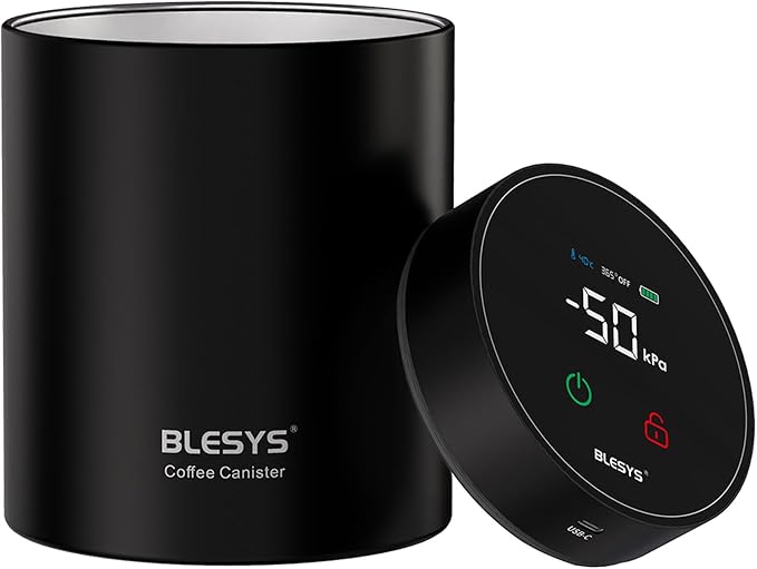 Smart Vacuum Coffee Canister, Automatic Stainless Steel Food Storage Container, LCD Monitoring, One-touch Freshness, Date Tracker, Extra-long Standby Time, Holds 16 oz Coffee Beans (Black, 1.3L)