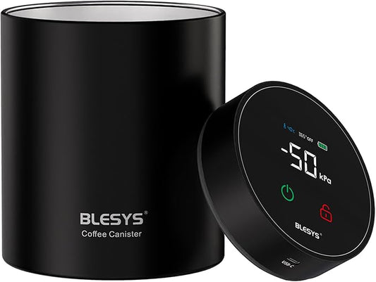 Smart Vacuum Coffee Canister, Automatic Stainless Steel Food Storage Container, LCD Monitoring, One-touch Freshness, Date Tracker, Extra-long Standby Time, Holds 16 oz Coffee Beans (Black, 1.3L)