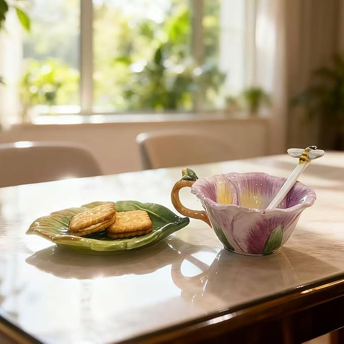 Ceramic Pansy Coffee Cup and Saucer Set with Spoon，6OZ 3D Hand-Painted Flower Tea Mug，Gift for Women (Lilac)