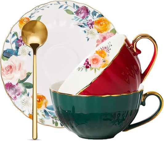ONEUSTAR Tea Cups and Saucers Set of 2 Bone China Floral English Teacup with Spoon Coffee Cups Cappuccino Espresso Latte Mug for Christmas Gift, 8 Oz
