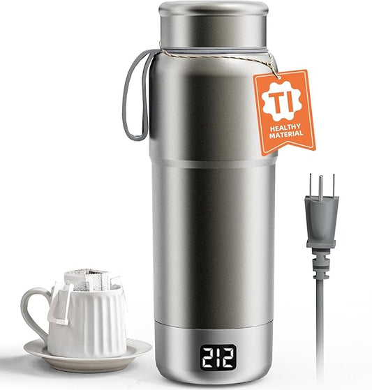 Pure Titanium Travel Kettle, 520ML Portable Electric Kettle, 12 Temp Presets, Dual Voltage 100-240V, Temp Control, Fast Boil, BPA-Free, Leak-Proof for Tea, Coffee, Baby Formula, Office & Hotel (Gray)