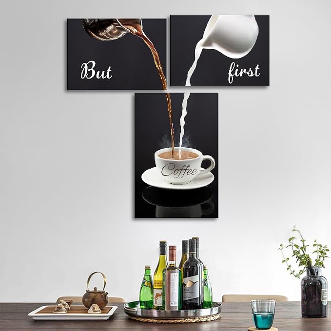 Pinetree Art Coffee Bar Wall Decor for Kitchen - But First Coffee Sign - Kitchen Canvas Wall Art for Modern Home Dining Room Decorative (latte-set, Set of 3) - Image 3