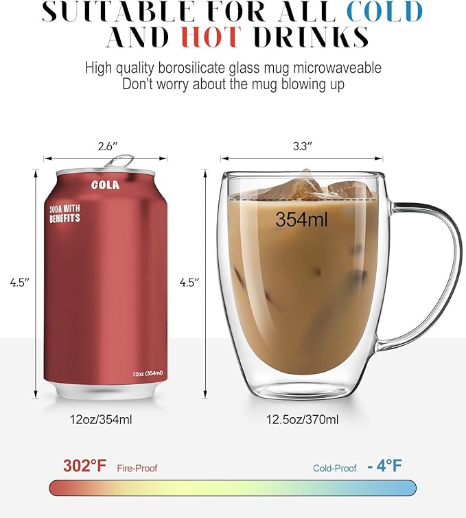 Double Walled Glass Coffee Mugs Set of 2, 12.5OZ Hand Blown Insulated Clear Glass Coffee Cups with Handle,Perfect for Latte,Cappuccino, Espresso, American,Tea Bag, Beverage