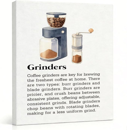 RTVJTERQ Grinders Oil Painting, 8x10 Inches Burr & Blade Equipment Art Print, Premium Wall Decor for Kitchen & Café, Artistic Hanging Piece, Ideal Gift For Beverage Connoisseurs