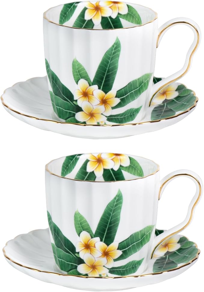 KAMMAK Tea Cups and Saucers Set of 2, Fine Bone China Coffee Cups, Stackable Espresso Mugs, Ceramic Demitasse for Coffee, Cappuccino, Latte, Americano, Tea, Green Leaf Frangipani