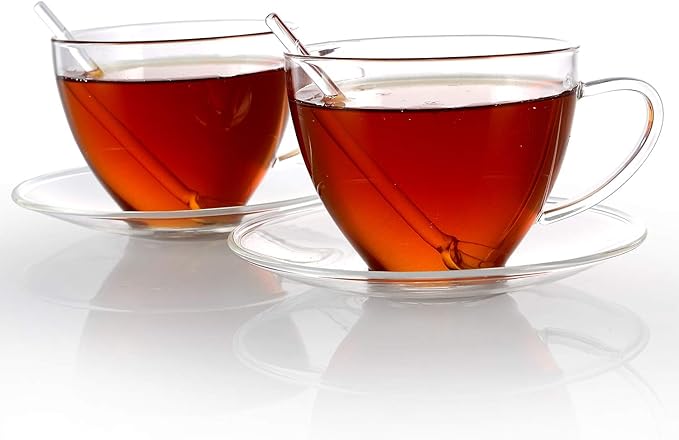 Teabloom Royal Teacup and Saucer Set 2-Pack – Standard Teacup Size – 6 OZ/ 180 ML Capacity – Crystal Clear Classic Design – Premium Borosilicate Glass – Durable and Heat Resistant