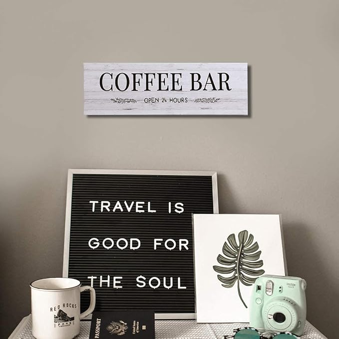 WOWGOOMO Classic Coffee Bar Signs Grey Canvas Wall Art - Rustic Cafe Bar Accessories Set for Home Bar, Kitchen, Pub, Store - 6"x17"