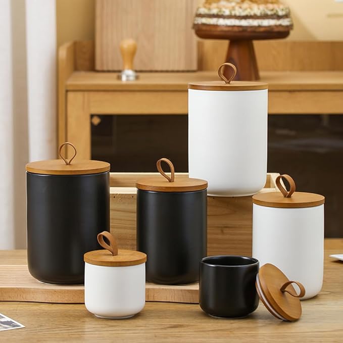 MilkyWay Ceramic Food Storage Jar, Storage Canisters with Airtight Seal Bamboo Lid Modern Design Seal Damp-Proof Kitchen Jar for Coffee, Tea, Spice and More (Black 800ml)
