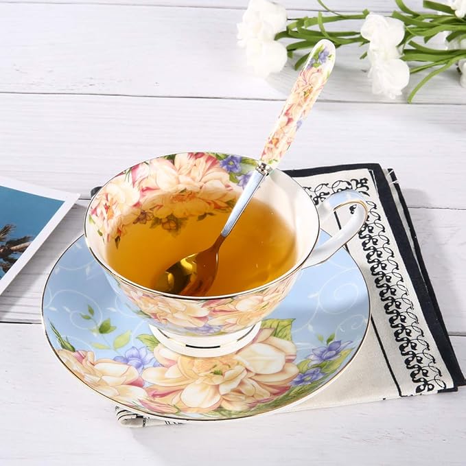 Tea Cups,Floral Tea Cups and Suacers Set,Bone China Tea Set of 2,Coffee Cups,Tea Set for Adults/Friends/Lover,7OZ(Blue/Pink)