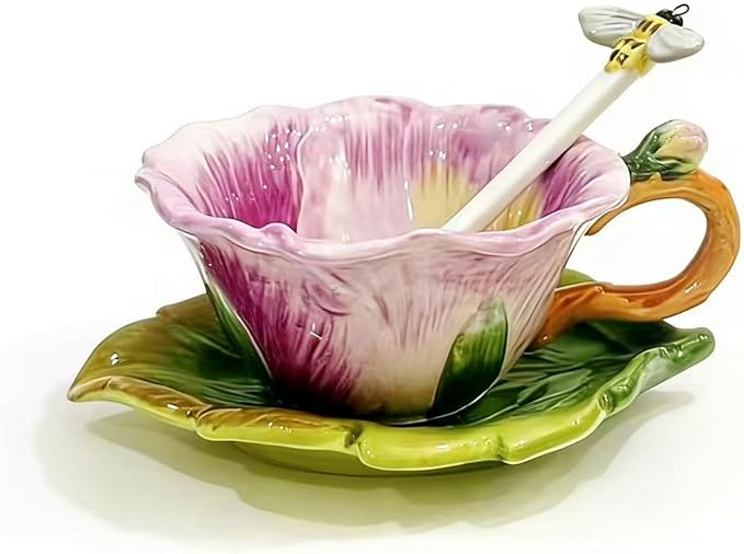 Ceramic Pansy Coffee Cup and Saucer Set with Spoon，6OZ 3D Hand-Painted Flower Tea Mug，Gift for Women (Lilac)