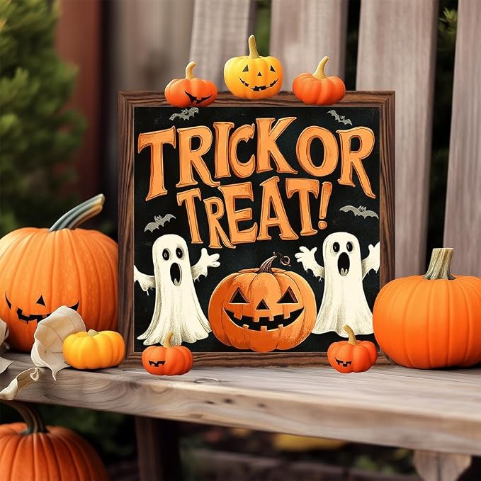 Whimsical Halloween Decorative Sign Trick or Treat Ghosts & Pumpkin Wooden Sign, With Frame Festival Sign for Home Office, Cafe, Bedroom Halloween Decor 7.87x7.87 Inch - Image 7